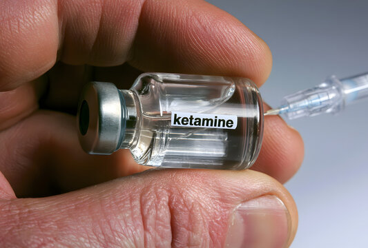 A man's hand grasping a glass vial containing ketamine solution and a syringe