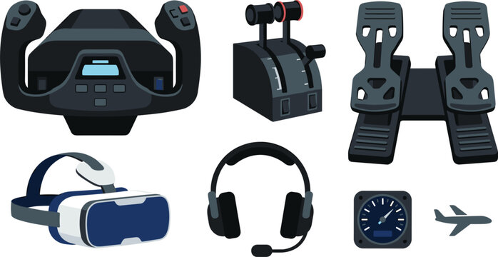 Aviation Flight Simulator Gaming Hardware Vector Icon Set with Yoke Wheel Throttle Quadrant Rudder Pedals and Virtual Reality Goggles