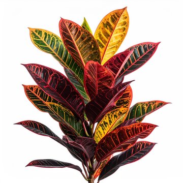 Vibrant, multi-colored foliage of a tropical plant with striking veins