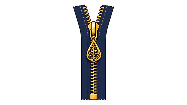 Blue zipper with ornate gold pull isolated illustration
