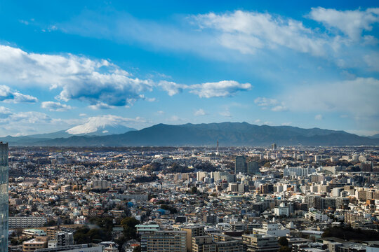 富士山と丹沢山地を望む広大な都市のパノラマ風景