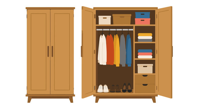 Wooden wardrobe closet with open doors and organized clothes