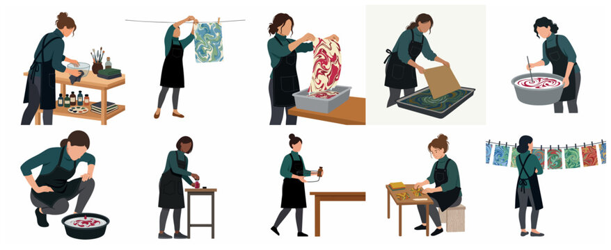 Flat vector collection of women creating water marbling art, female artists practicing ebru and paper marbling process