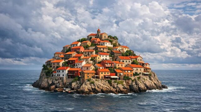 Tiny village perched atop rocky isle. Red roofs cluster against blue sea. Clouds swirl above the cliffside. Waves crash against jagged stones. Sunlight glints off ocean surface