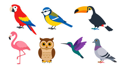 Colorful bird set with parrot toucan owl flamingo and pigeon © Mark