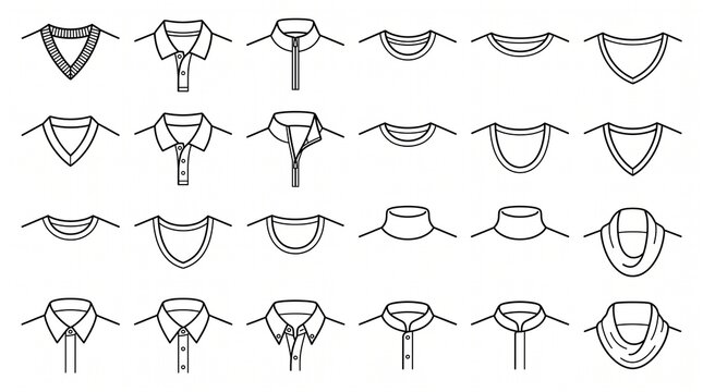 Vector Collection of 24 Shirt Neckline and Collar Styles Linear Icons