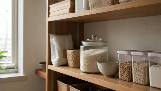 Dry goods stored in glass jars on a wooden pantry shelf