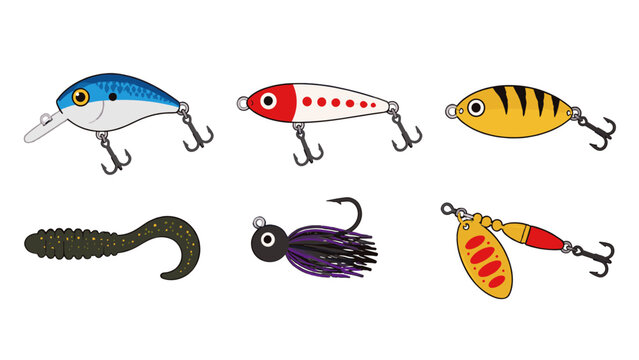 Set of colorful fishing lures and soft bait isolated