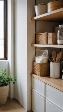 Organized kitchen pantry with jars baskets and wooden utensils
