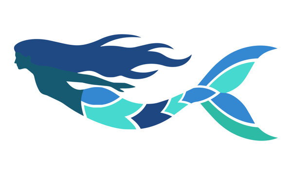Minimalist silhouette of a merman swimming with flowing hair and stylized tail fin isolated on a white background, creative fantasy creature concept