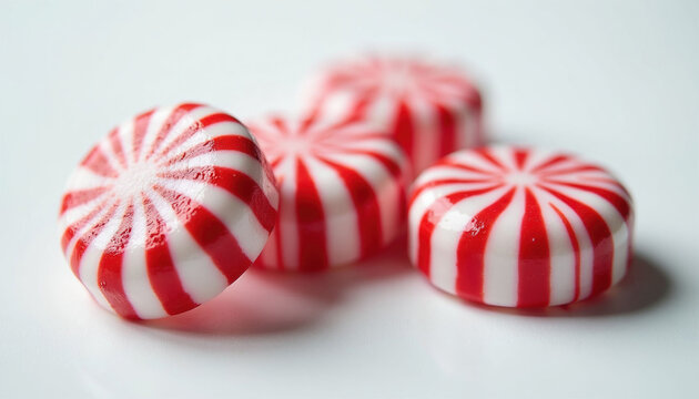 Three round peppermint candies with red, white stripes sit on white surface. Hard sugar treats circular shape, mint flavor. Festive snacks popular for Christmas holidays. Small delicious sweets look