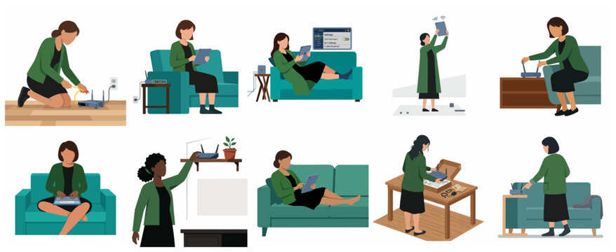 Vector illustration set of a woman installing and troubleshooting a home Wi-Fi router, connecting devices, and using high-speed internet on a tablet and laptop.