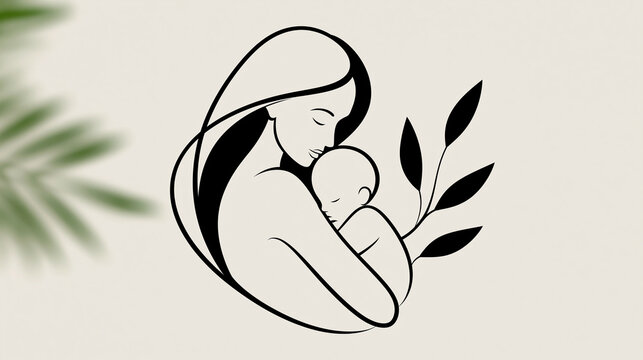 Minimalist line art logo design representing mother cradling baby with gentle care for maternity wellness brand, mother and child branding concept, logo photography, blurred