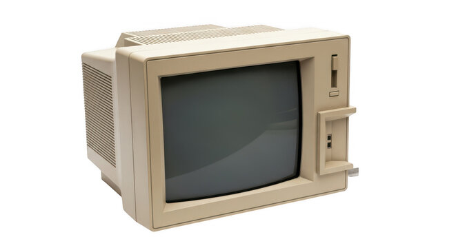 Vintage beige desktop computer monitor with gray screen and side vents on transparent background.