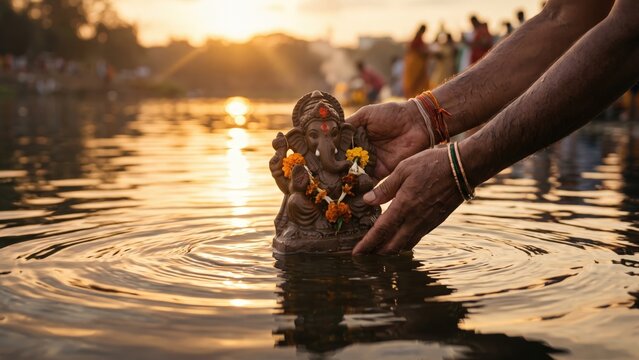 Clay Ganesha Half-Submerged in Water &ndash; Peaceful Visarjan Reflection