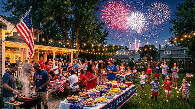 Fourth of July backyard party with fireworks, grilling, and family celebration