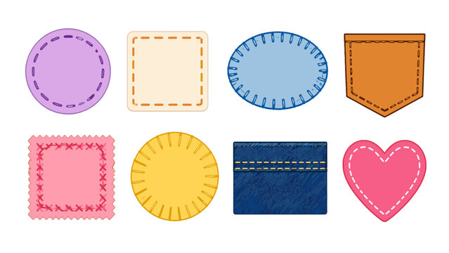Set of colorful stitched fabric patch shapes isolated on white