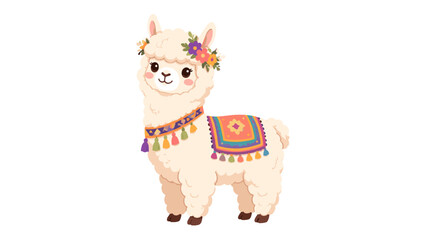 Fototapeta premium Cute alpaca with floral wreath and colorful decorative blanket