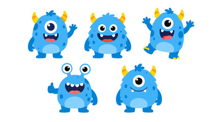 Set of cute blue cartoon monster characters in different poses