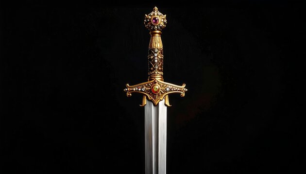 Ornate golden sword featuring a jeweled hilt on a solid black background, perfect for gaming and fantasy concept art.