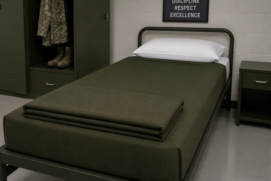 A perfectly folded blanket with sharp corners on a minimalist military bed.