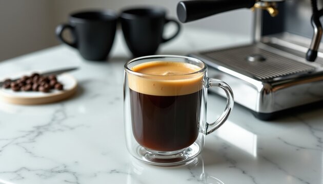 Double walled glass mug holds fresh hot espresso on white marble table. Pro coffee machine stands nearby with roasted beans. Morning beverage provides caffeine energy boost. Kitchen counter setup