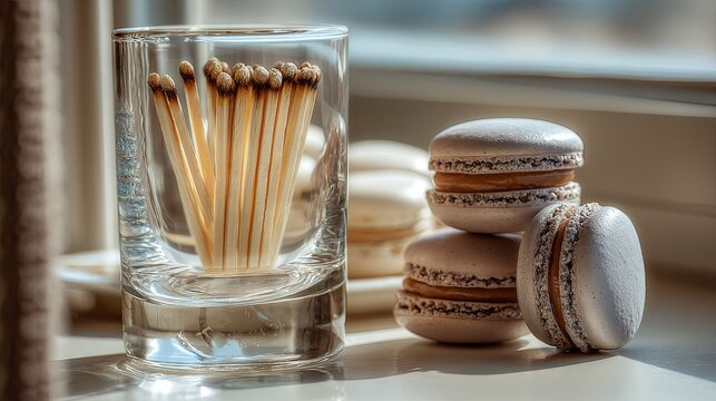 A clear glass filled with matches placed beside colorful macarons, creating a simple yet visually striking still life composition