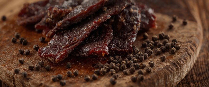 Beef Jerky Stacks on Wooden Board Surrounded by Whole Peppercorns