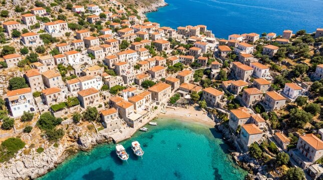 Aerial View of Limeni Village with Turquoise Water and Traditional Stone Houses in Mani, Greece