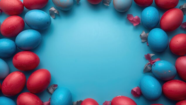 Colorful Easter Eggs Arranged in a Circular Pattern on Blue Background