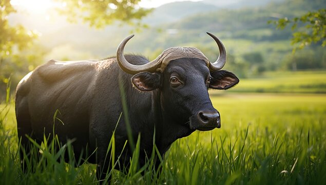 Black Water Buffalo Grazing in a Lush Green Meadow at Sunset