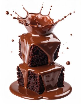 Rich chocolate sauce splashing over stacked, dark, moist dessert squares