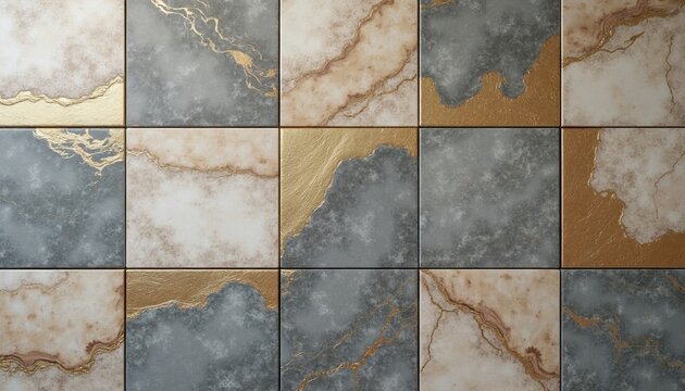 Decorative ceramic tiles feature marble surface with golden metallic veins. Luxury square blocks display abstract stone patterns in grey, beige tones. Modern interior wall cladding design looks