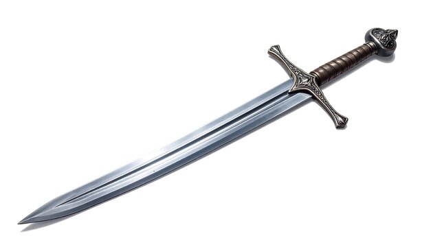 Realistic medieval longsword featuring a polished steel blade with metallic shine and traditional craftsmanship, isolated on a pure white background.