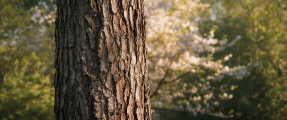 Obraz premium Tree Bark Close-Up with Soft Blurry Flowering Background in Natural Light