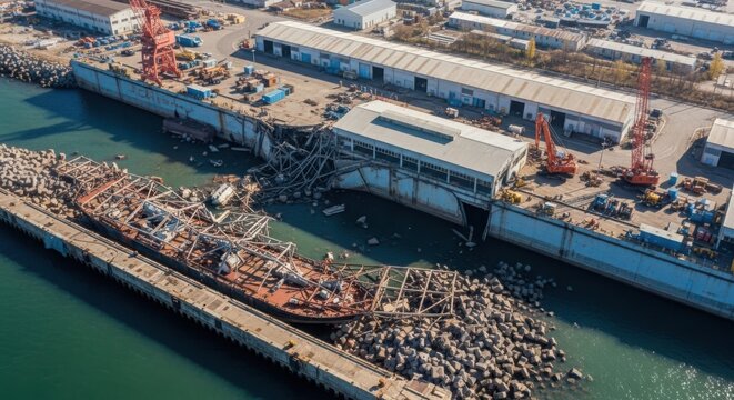 Extensive ship damage and destruction in a maritime repair dock, showcasing industrial decay and maritime disaster aftermath