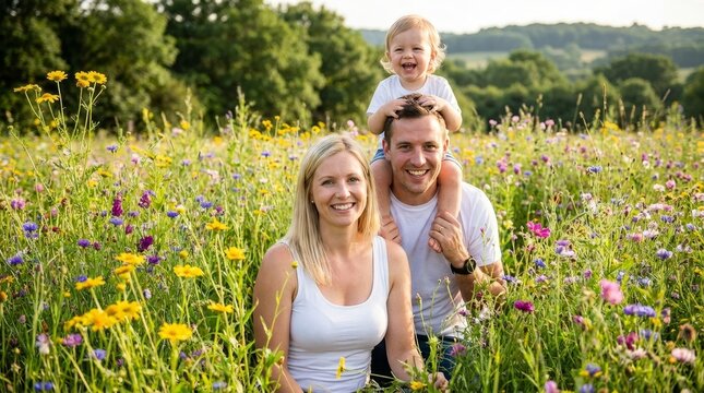 Happy Young Family with Toddler Son Playing in Wildflower Meadow during Summer