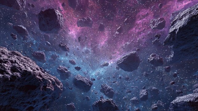 Realistic deep-space asteroid field featuring massive floating rocks and scattered cosmic debris, creating a dramatic and immersive celestial scene.
