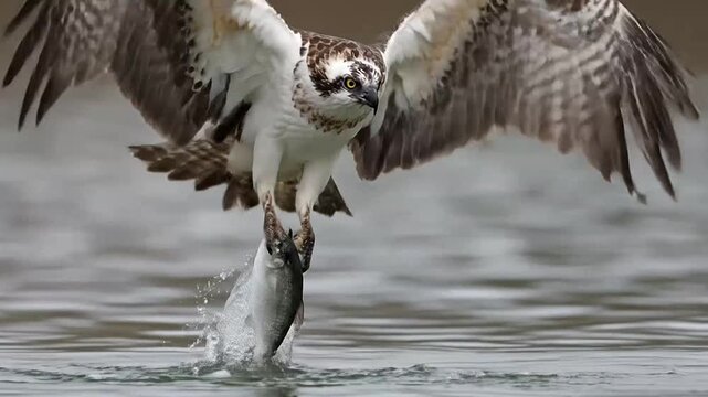 A wild bird of prey dives into the water to catch a fresh fish