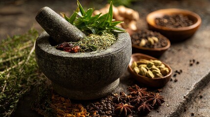 Realistic close-up of an Ayurvedic herbal preparation featuring natural ingredients and traditional medicinal elements, highlighting holistic wellness, healing practices, and botanical remedies. 