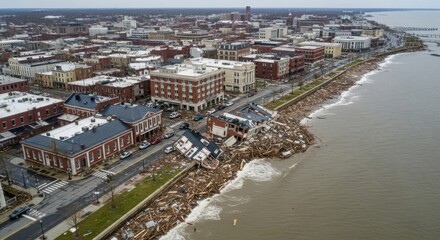 Fototapeta premium Flooded Historic Waterfront City Devastated by Storm Surge Showing Widespread Destruction and Debris