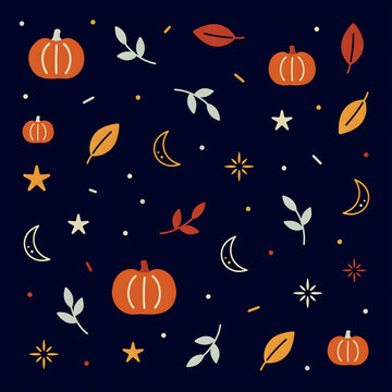 Seamless pattern with autumn pumpkins and leaves and celestial elements transparent background