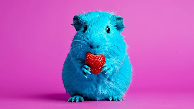 Cyan Guinea Pig Eating a Red Strawberry Against a Hot Pink Background
