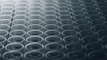 Obraz premium Transparent Plastic Cups Arranged in Rows with Soft Lighting