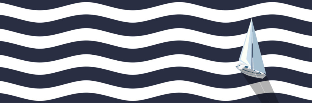 Minimalist sailing yacht on blue wavy background, corporate web banner vector illustration for nautical business, sailing club and luxury travel