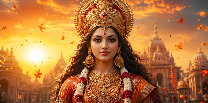 Durga Puja and Dussehra Festival Background with Maa Katyayani, Kalratri, Mahagauri, Siddhidatri and Shakti Worship