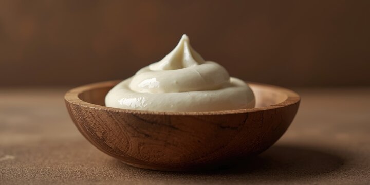 Natural wood dish featuring smooth creamy sour cream