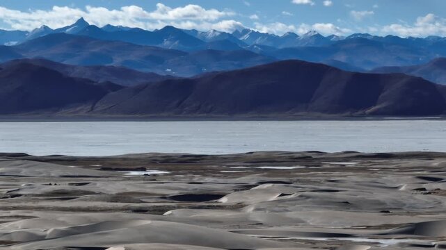Aerial footage of desert landscape in Tibet, China