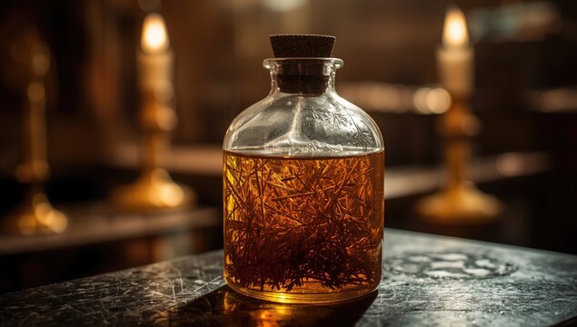 Myrrh based anointing oil used in church sacraments kept in a traditional chrismarium jar