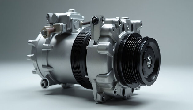 Car air conditioning compressor detailed studio shot. This auto part is grey metal with black pulley. Machine component for vehicle climate control system.